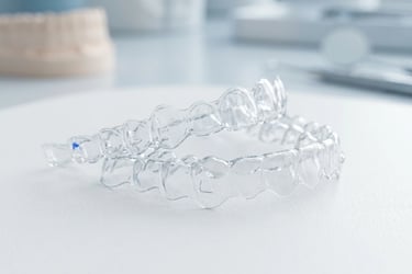 Par de alinhadores transparentes Invisalign flutuando sobre uma superfície clara e limpa.