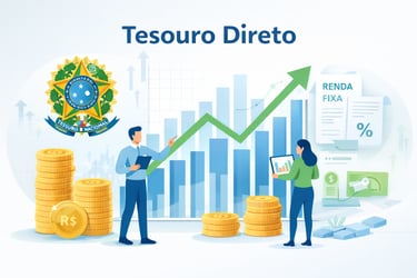 Infográfico do Tesouro Direto com gráficos de crescimento, moedas e dados de renda fixa