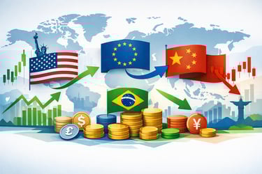 Infográfico da economia global mostrando, moedas e gráficos do mercado financeiro