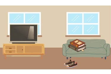 graphic art picture of couch, TV, and shoes, with no decorations