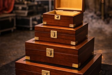 Stack of four handcrafted wooden storage boxes with brass latches on a velvet stage.