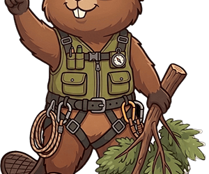 Cambium Tree Solutions mascot wearing a yellow hard hat and arborist gear holding a tree branch.