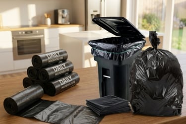 Black garbage bags and roll garbage bags in different sizes arranged in warehouse
