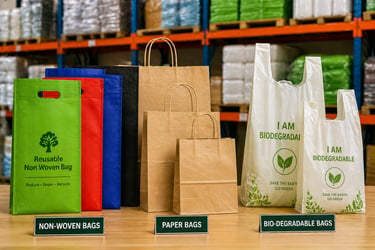 Non-woven bags, paper bags and biodegradable carry bags displayed in clean professional setup
