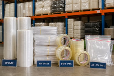 Plastic packaging materials including LD liner, HM sheet, BOPP tape and zip lock bags in organized w