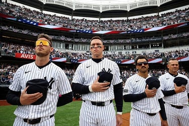 Bellinger, Judge, Grisham, Boone (left to right) during the Yankees home opener (April 3, 2026)