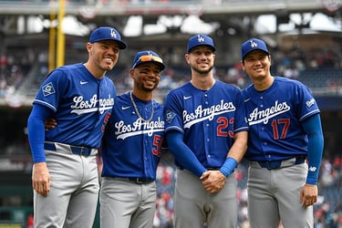 Freeman, Betts, Tucker, Ohtani (left to right) posing before the April 3, 2026 game on the road vs. the Washington Nationals