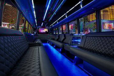 High-end party bus interior offering comfort, entertainment, and stylish transportation for group ev