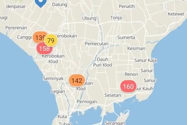 Mapa IQAir app, PM2,5 bali 2026 06