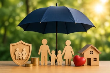 Family protected under an umbrella with insurance, savings, and home security symbols.