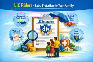 Insurance riders illustration showing extra protection benefits in LIC policy