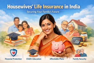 Indian housewife life insurance concept showing family protection child education.