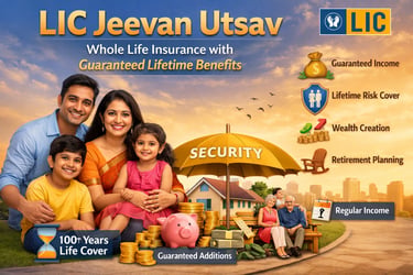 Indian family financial planning with LIC Jeevan Utsav plan showing lifetime income, protection.