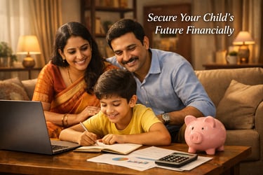 Parents watching child study with financial planning tools at home