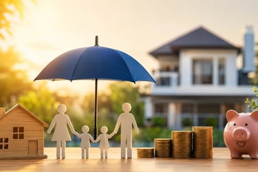 Indian family financial protection concept with house, umbrella, savings coins, and piggy bank.