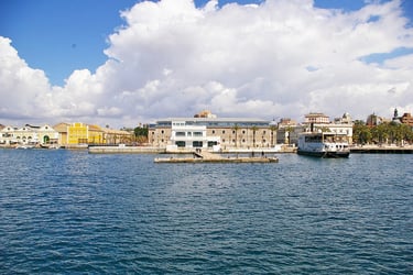 View of Cartagena from the port with the military zone (Arsenal) on the left and the city center on 