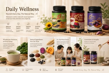 Nutritional 25 Plus powder supplements displayed with natural ingredients for daily wellness and family health.