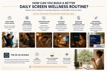 Infographic showing daily screen wellness routine strategies like the 20-20-20 rule to reduce digital eye strain.