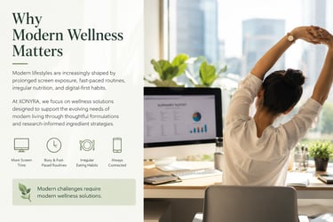 A woman stretching at a desk with a computer to promote modern wellness solutions for a busy lifestyle.