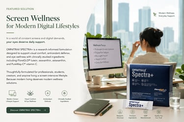A woman at a desk with Omnitrax Spectra+ eye health supplement for digital eye fatigue and blue light protection.