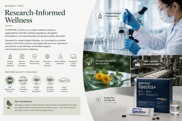 A laboratory scientist in blue gloves develops research-informed wellness supplements next to OMNITRAX Spectra+ packaging.