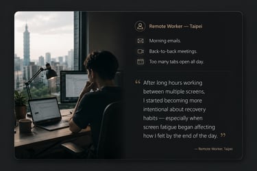 A remote worker in Taipei working at a desk with a laptop and monitor overlooking the city skyline.