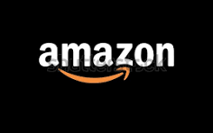 White Amazon logo with orange arrow smile isolated on a black background for e-commerce shopping.