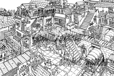 Fun aesthetic black and white Illustration, fineliner ink drawing, detailed artwork, urban art print