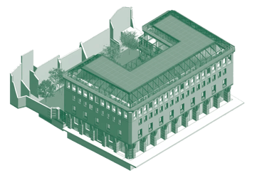 Vista tridimensionale di Palazzo CorteVerdi su Via Verdi nel centro storico di Cremona