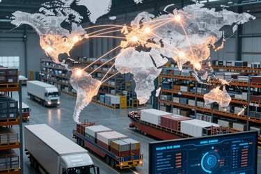 Global logistics warehouse featuring a digital world map and cargo trucks for supply chain management.