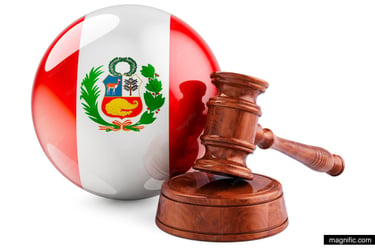 A wooden judge gavel resting next to a glossy sphere featuring the flag of Peru representing the Peruvian justice system.