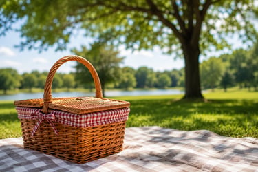 A picnic basket and a blanket placed in a beautiful outdoor setting.