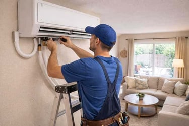 Técnico profesional de HVAC instalando un aire acondicionado mini-split en la sala de estar 