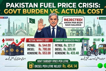 Pakistan fuel price infographic comparing actual market cost vs govt subsidized rates for petrol and diesel