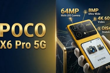 POCO X6 Pro 5G with 64MP OIS camera, 4K 60fps video, and OIS+EIS stabilization features shown on a yellow smartphone.