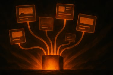 Content management hub box sending glowing content cards through light cables