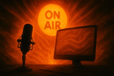 Stream and Twitch setup with studio microphone, monitor and glowing ON AIR sign