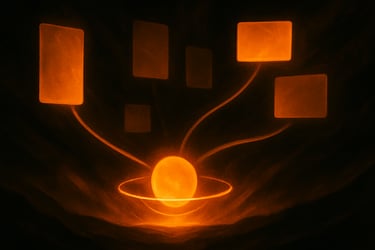 Social media services hub with glowing orb connected to multiple content panels