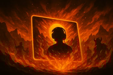Gaming thumbnail frame with gamer silhouette and fiery fantasy background