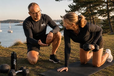 Coach sportif accompagnant une séance de renforcement fonctionnel dans le Golfe du Morbihan