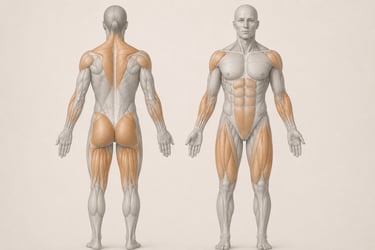 Diagramme anatomique mettant en évidence les muscles travaillés par l'exercice Farmer Carry