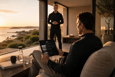 Dirigeant consultant un programme de coaching RPL+ sur tablette dans une villa contemporaine avec vue sur le Golfe