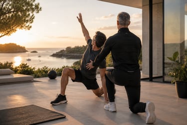 Coach sportif premium accompagnant un dirigeant lors d’un exercice de mobilité fonctionnelle face au Golfe du Morbihan