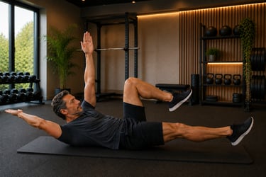 Homme réalisant un exercice de Dead Bug en salle de sport.