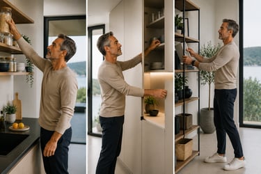 Moments de vie dans un intérieur moderne illustrant l'importance de la mobilité et du renforcement musculaire des épaules.