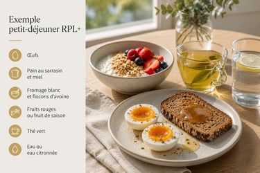 Exemple de petit-déjeuner RPL+ avec œufs, pain au sarrasin, fromage blanc, flocons d’avoine, fruits rouges, thé vert et eau