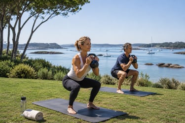 Homme et femme au bord du Golfe en exercice de Goblet Squat lors d'une séance de renforcement musculaire