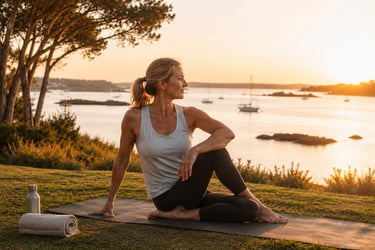Femme pratiquant une séance body balance Rhuys Wellness face au Golfe du Morbihan à Sarzeau