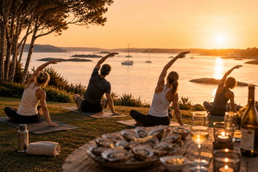 Groupe en séance de Yoga au bord du Golfe avec une table et plateau d'huitres à déguster en fin d'entrainement Rhuys Wellness