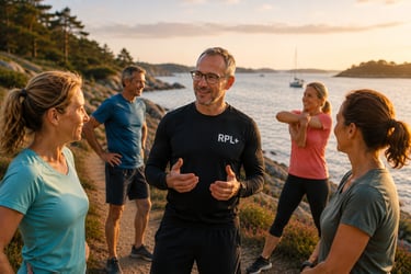 Coach RPL+ en fin de séance avec un Small Group au bord du Golfe du Morbihan.